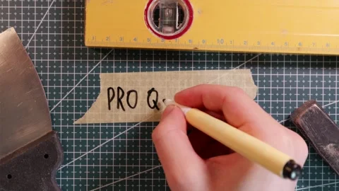 Top down view of writing PRO QUALITY on masking tape with tools. Stock Footage 337816280