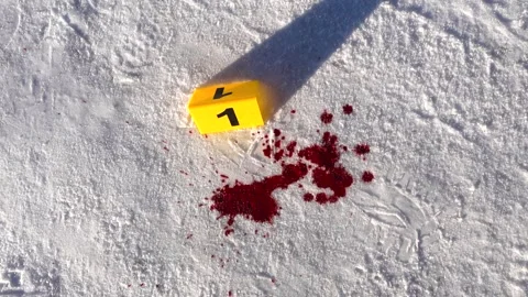 Top Down Winter Crime Scene With Evidence Marker and Blood Spatter in Snow Stock Footage 328923007