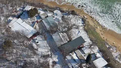Top down winter forest road near river captured by drone Stock Footage 328283283