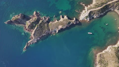 Top-down zoom-out drone shot Mediterranean shot boat and yacht, fa01 Stock Footage 279095027