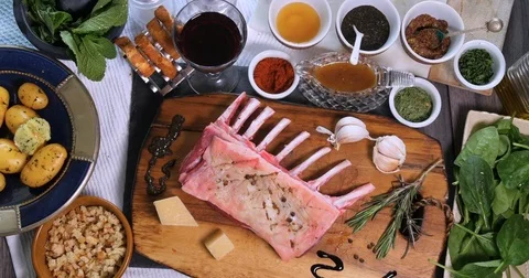 Top down zoom out view of ingredients for minted rack of lamb Stock Footage 75002750