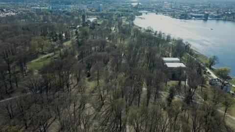 Top drone footage of Flatow Tower in Babelsberg Park at Potsdam, Germany Stock Footage 285848804