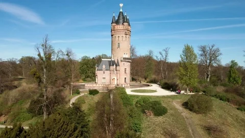 Top drone shot of Flatow Tower in Babelsberg Park at Potsdam, Germany Stock Footage 285848656