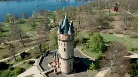 Top drone shot of Flatow Tower in Babelsberg Park at Potsdam, Germany Stock Footage 285848700