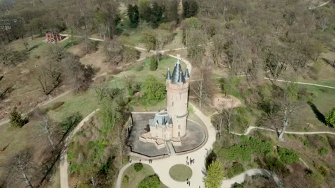 Top drone shot of Flatow Tower in Babelsberg Park at Potsdam, Germany Stock Footage 285848808