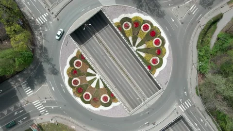 Top drone shot of a roundabout in Sofia, Bulgaria. Beautiful flowers 스톡 동영상 174705548