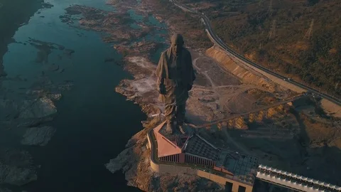 Top drone shot of Statue Of Unity, Monument, Gujarat, India Stock-Footage 127490451