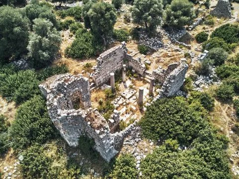 Top drone view of ancient ruins of stone in the ancient city of Patara. aerial Stock Photos