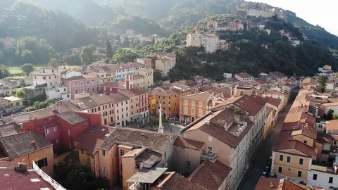Top drone view on a beautiful Medieval square in Italy Stock Footage 114961060