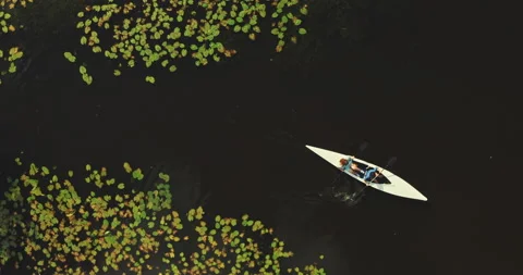Top drone view of couple paddling in white canoe Stock Footage 221317543