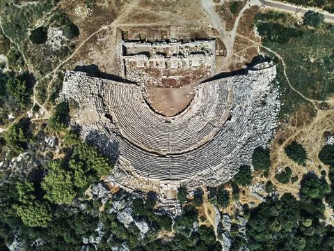 Top drone view of the Historic open-air theater in the ancient city of Patara Stock Photos