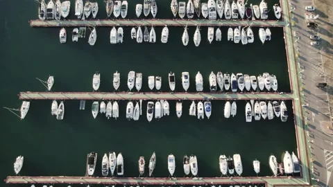 Top drone view of the small nautical club of Oropesa del Mar in Spain Stock Footage 168729094