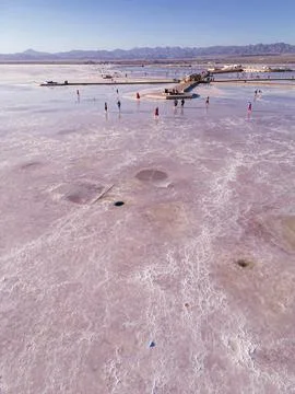 Top drone view on the viewing platform in Chaka salt lake, Qinghai Stock Photos