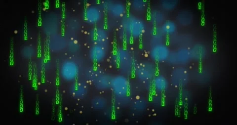 Top-edge digits starting falling green binary columns, multiplying to show data Stock Footage 328485369