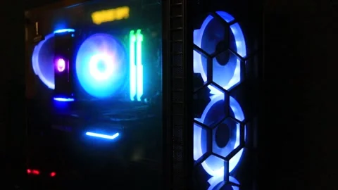 Top-end system unit for gaming PC computer. Inside of led illuminated dark cyber Stock Footage 281282329
