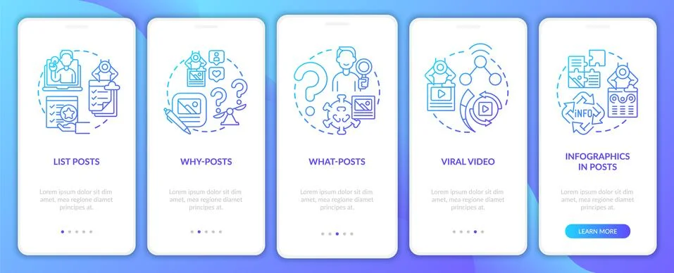 Top engaging posts types onboarding mobile app page screen 스톡 일러스트
