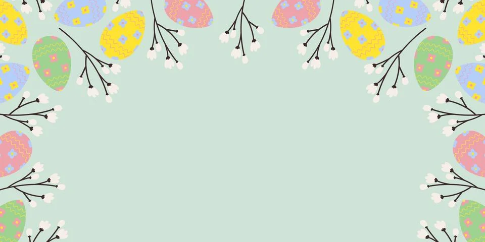 Top Frame border made of Easter Eggs and blooming twigs Copy space Template 스톡 일러스트