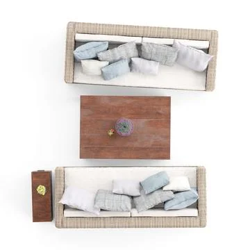 Top high-angle of two soft sofas and a table on the white background Stock Illustration