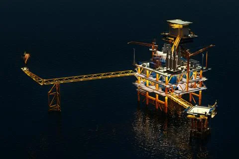 Top high angle view oil rig building on the sea in night time Ilustración de archivo