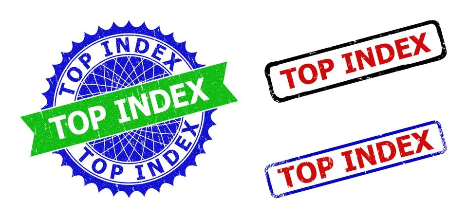 TOP INDEX Rosette and Rectangle Bicolor Stamps with Grunge Styles Stock Illustration