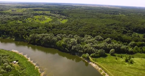 Top landscape view at river, forest, fields. Aerial view drone landscape Stock Footage 155619962
