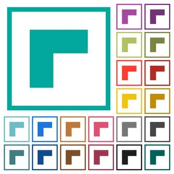 Top left 90 degrees angle arrow solid flat color icons with quadrant frames Stock Illustration