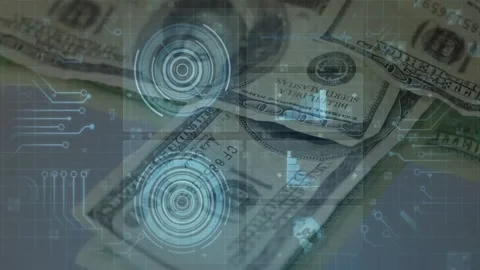 Top-left bill entering frame, $100 bills stacking while HUD forming to visualize Stock Footage 328656838