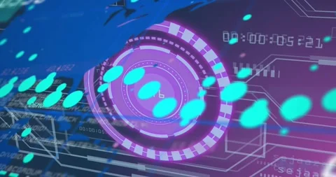 Top-left blue map sweeping onto magenta HUD, rotating ring and teal ovals Stock Footage 321100207