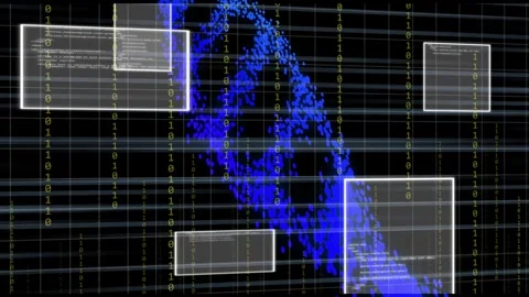 Top-left blue specks sparking, coalescing into twisting helix across black grid, Stock Footage 334729038