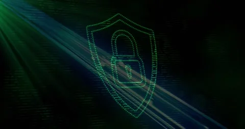Top-left green light casting rays, neon-green shield forming and rotating, Stock Footage 329116618