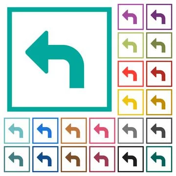 Top left side turn arrow solid flat color icons with quadrant frames Stock Illustration