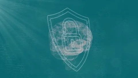Top-left teal rays initiating 3D brain fading, dotted shield with lock forming, Stock Footage 331235772