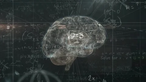 Top light causing clear 3D brain rotating threads pulsing globe rising equations Stock Footage 335235327
