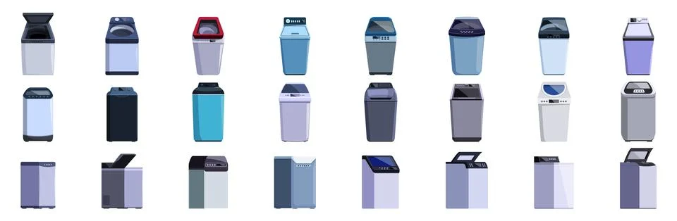 Top load washing machine icons set. Collection of washing machines showing Stock Illustration
