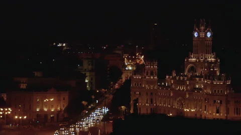 Top Madrid city, Post Office Cibeles night view Stock Footage 145333683
