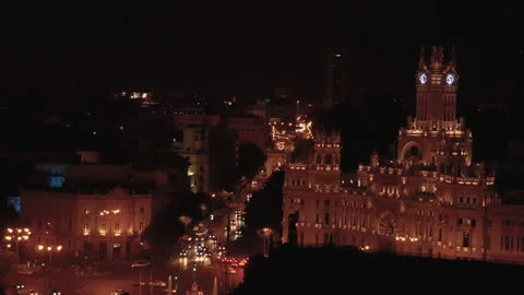Top Madrid city, Post Office Cibeles night view Stock Footage 145333768