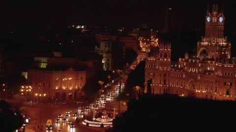 Top Madrid city, Post Office Cibeles night view Stock Footage 145333812