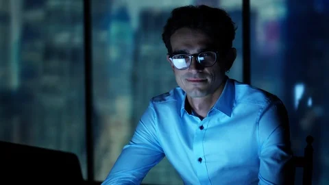 Top Manager Sitting in The Dark Office, Professional Working Late at Night Stock-Footage 93289832