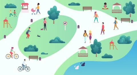 Top map view of various people at park walking and performing leisure outdoor Ilustración de archivo