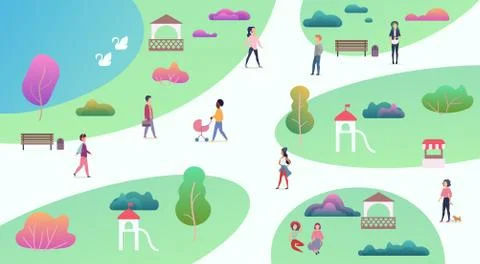 Top map view of various people at park walking and performing leisure outdoor Ilustración de archivo