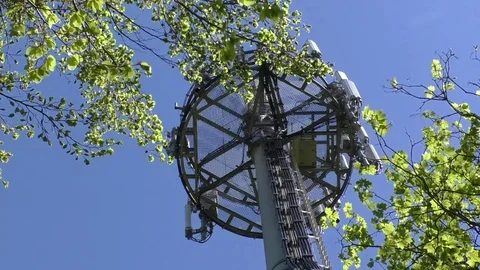 Top of a mobile tower seen from below, tree leaves in front, blue sky above Stock Footage 76770167