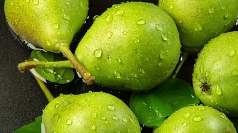 Top motion on fresh green pears Stock Footage 132746130