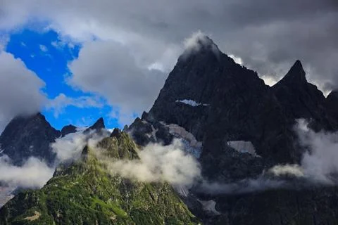 Top of the mountain in the clouds. View of the Caucasus Range, Russia. Stock-Fotos