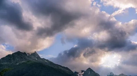 Top of mountain on cloudy background. Nature background in the Caucasus, Russ Stock-Fotos