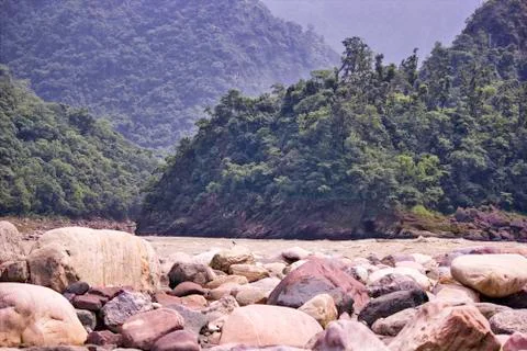 Top of the mountain covered with cloud and river in Rishikesh in Indian himal Stock Photos