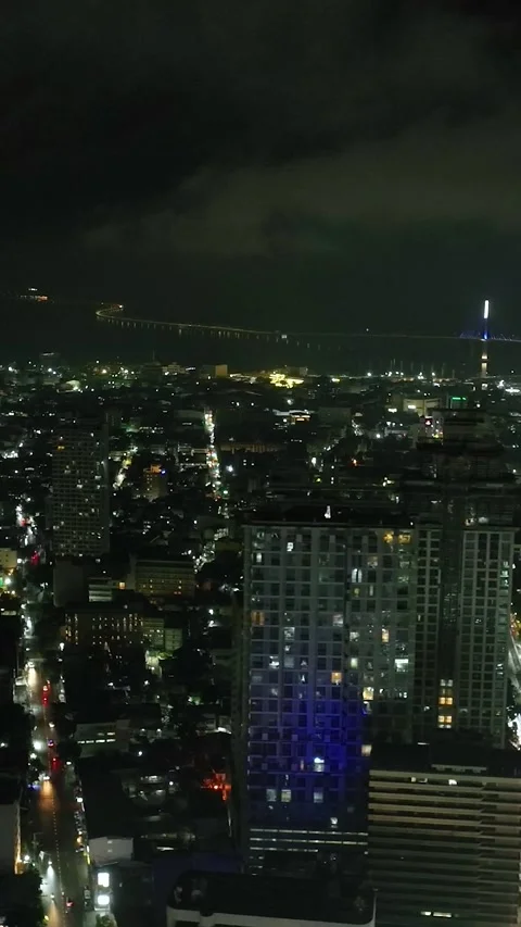 Top night view in Cebu City and Cordova Bridge. Vertical video. Vídeo Stock 253618769