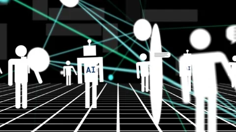 Top nodes sending cyan lines forming network, users and AI bots chatting, Stock Footage 335317474