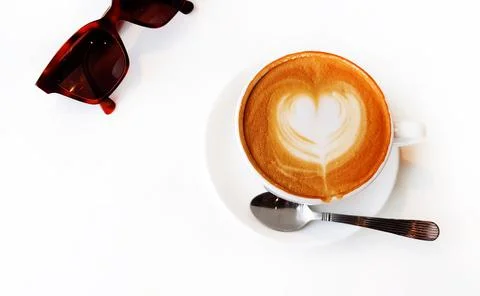 Top up or flat lay of cup of hot art latte coffee or cappuccino coffee Stock Photos