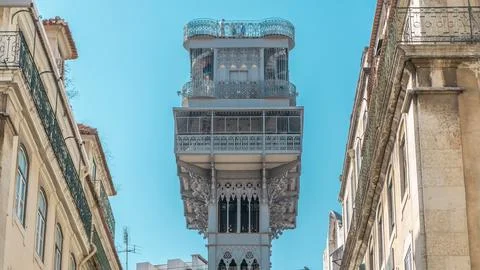 Top ot Santa Justa Elevator timelapse in Lisbon, Portugal. Stock Photos