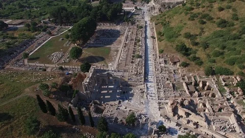 Top overview of streets and Celsus Library at Ephesus. Turkey. DJI-0300-08 Stock Footage 102498467